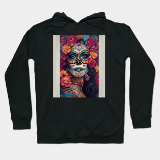 Expressive Sugar Skull Art: Woman in Festive Skull Makeup Hoodie